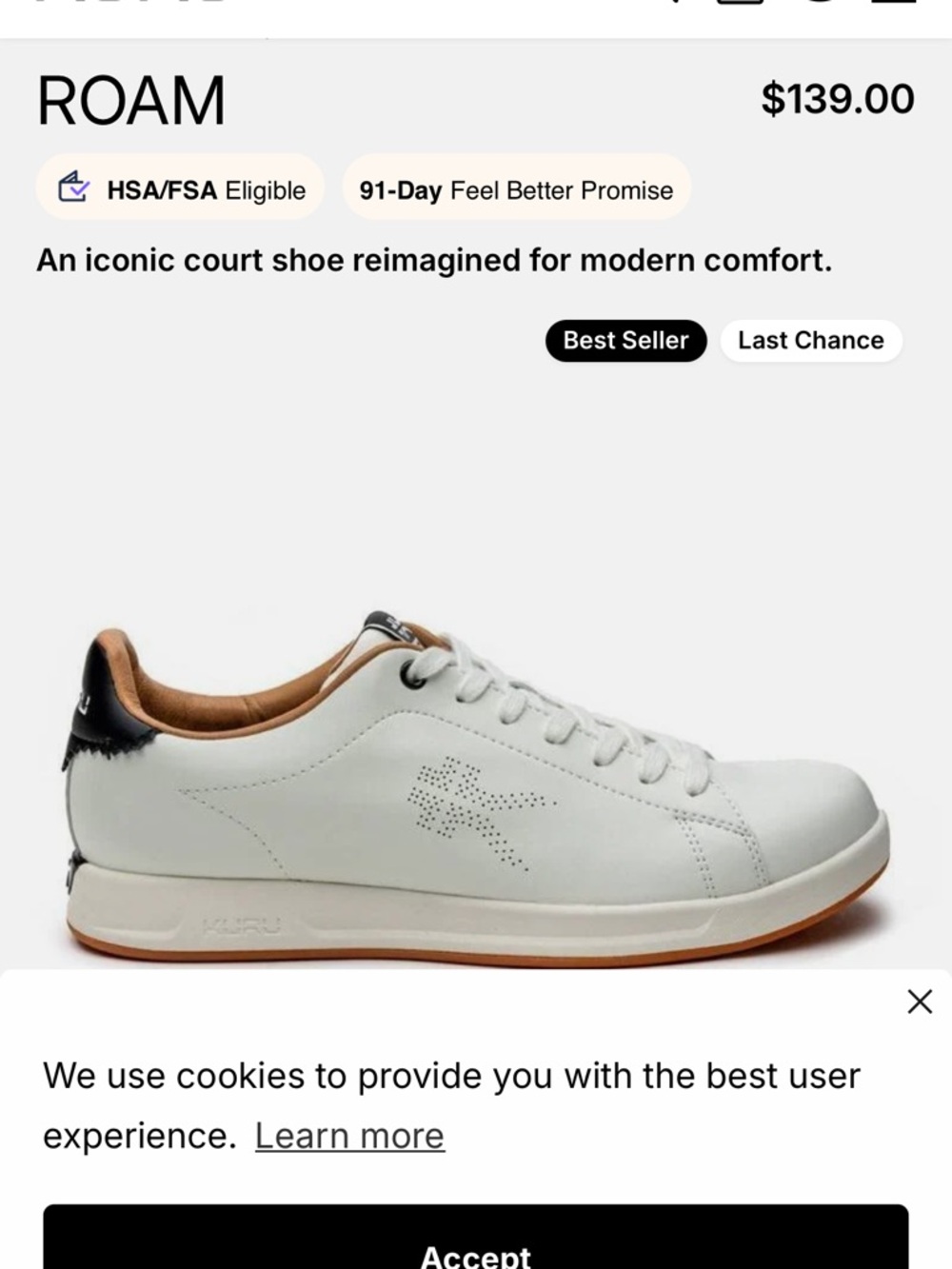 KURU Women’s casual quiet luxury Sneaker in White with Tan Lining and Black Heel